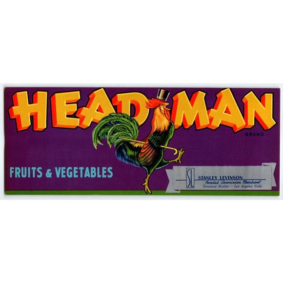 Head Man Label Dressed Rooster Fruit Vegetables Anthropomorphic 1950s Headman - Picture 1 of 2